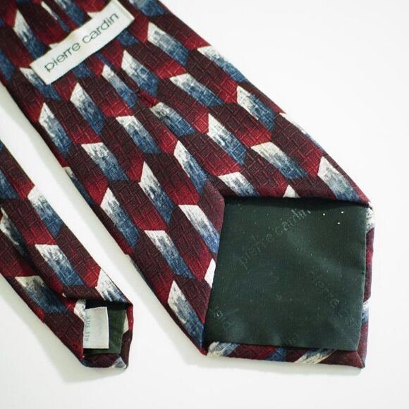 Pierre Cardin Red Blue Cream Abstract Geometric Jacquard Print Wide Silk Tie - Picture 5 of 6